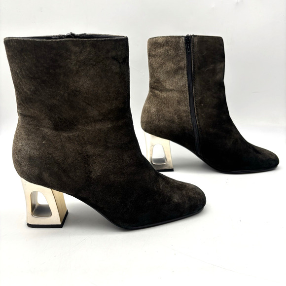 Vintage 80s Classique Black Brown Ombre Suede Cut-out Block Heel Zip Boot 8M - Picture 1 of 16
